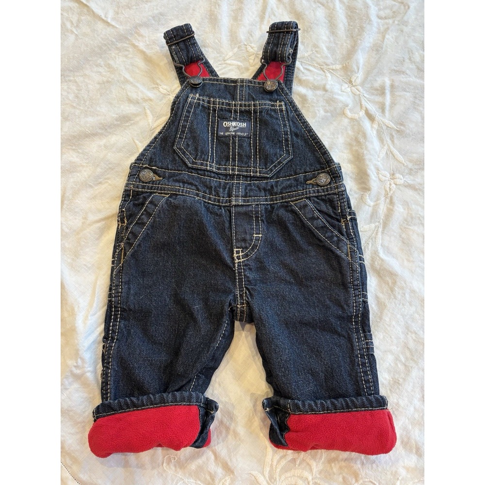 NWOT Vtg Oshkosh Size 3 Months‎ Overalls Dark Blue Denim Red Flannel Lined Cozy